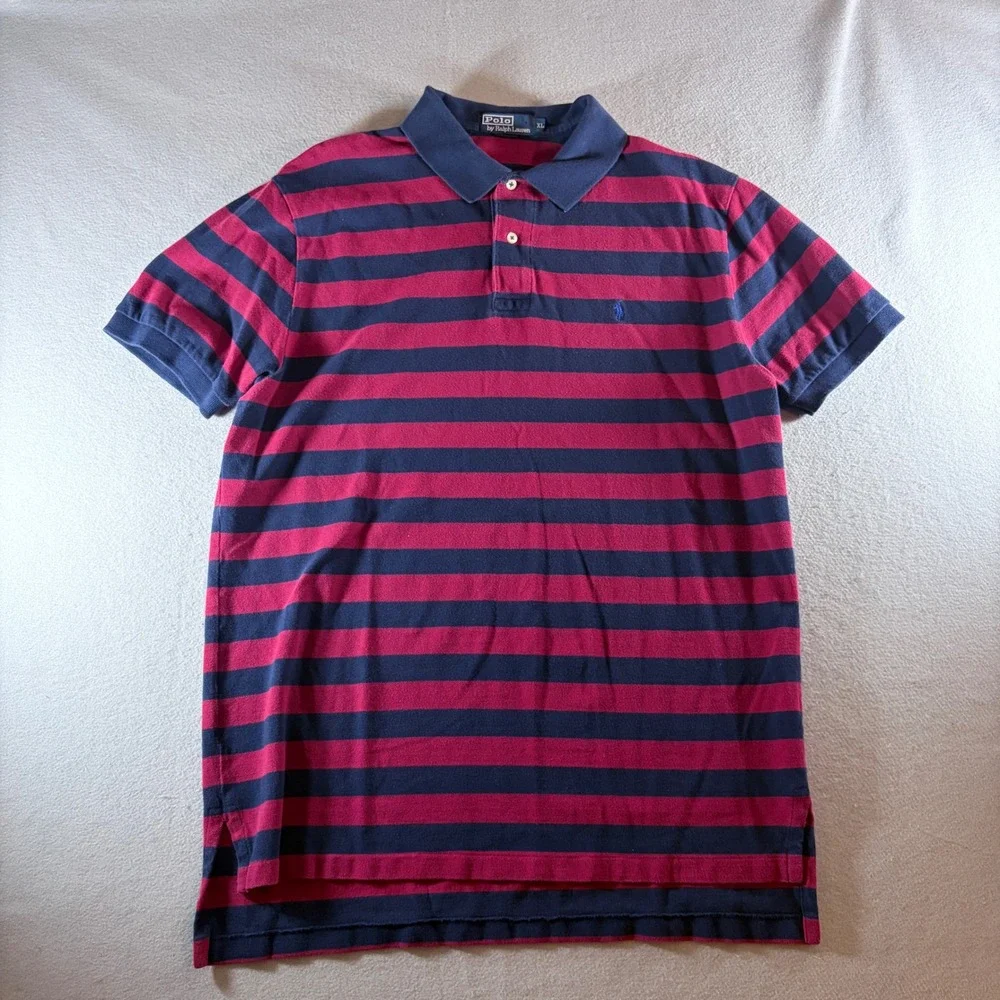Polo Ralph Lauren Mens XL Blue Red Striped Short Sleeve Pique Polo Shirt